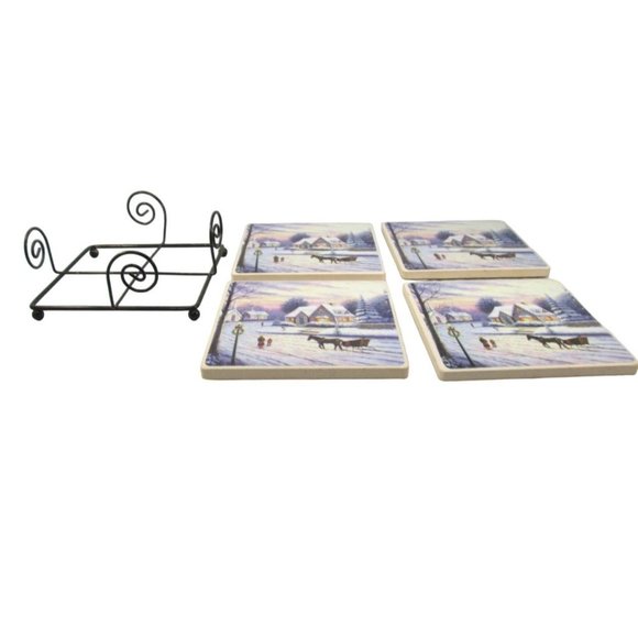 Winter Scene Ceramic Coasters with Wire Holder Set of 4 - Picture 6 of 7